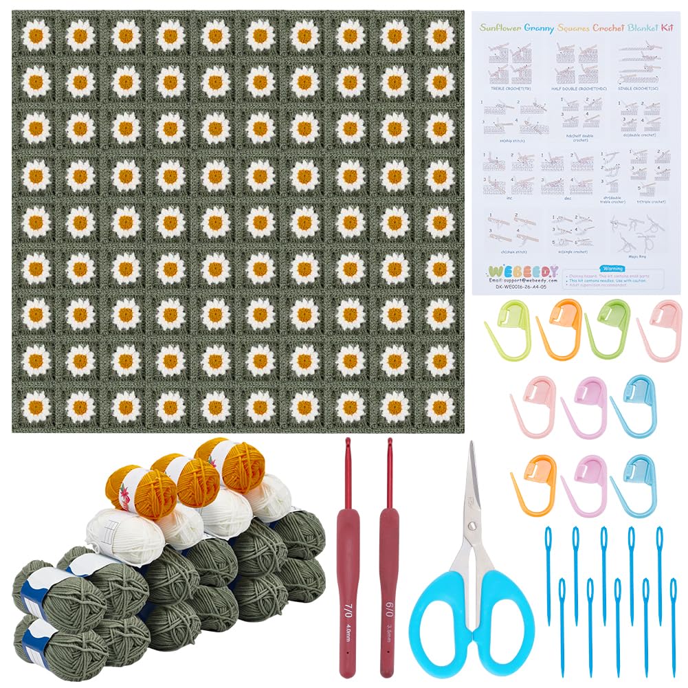 WEBEEDY Kit de manta de ganchillo para principiantes, kit de ganchillo Daisy Granny Squares para adultos con tutoriales en video paso a paso, hilo de ganchillo, gancho de ganchillo para tejer