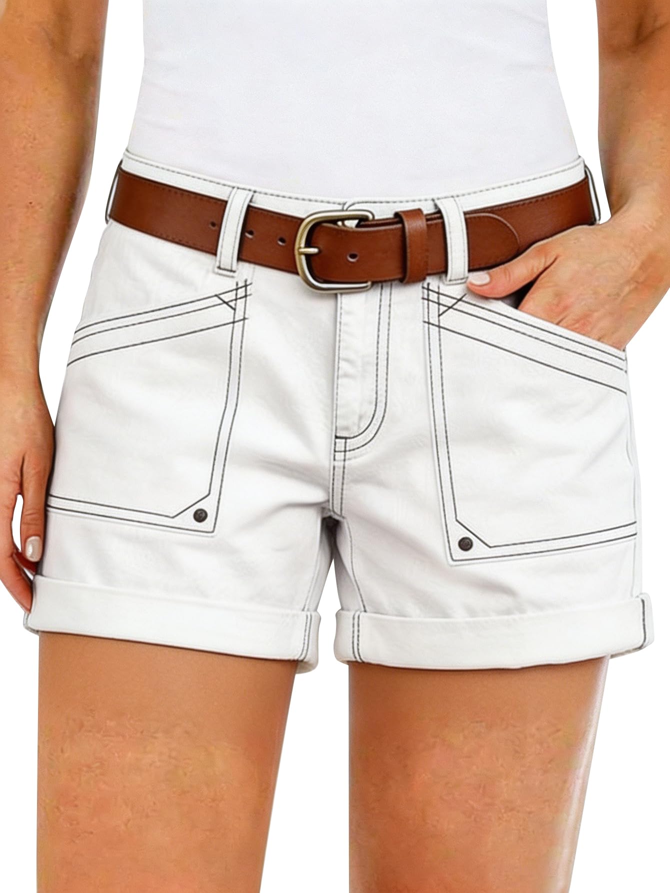 Flamingals Women's Mid Waist Solid Split Side Flap Pocket Casual Shorts