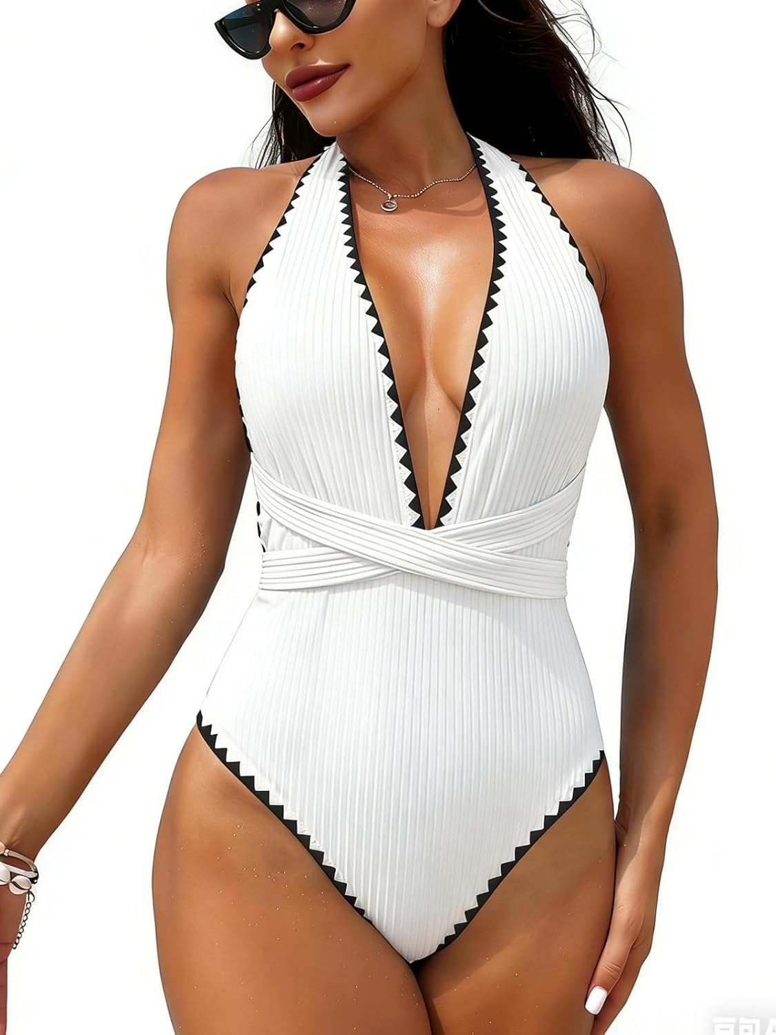 YELAIVP Sexy Ribbed Tummy Control One Piece Swimsuit Tie Criss Cross Plunge High Cut One Piece Bathing Suit for Women
