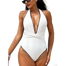 Sexy Ribbed One Piece Swimsuit Tie Criss Cross Plunge High Cut One Piece Bathing Suit for Women