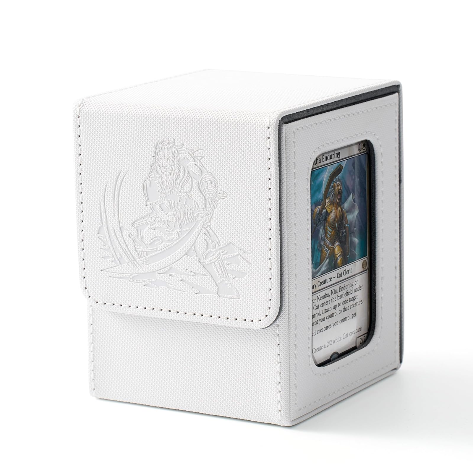 Venssu MTG Deck Box with Commander Display, Cat Card Deck Case Fits 100 Double Sleeved Cards, TCG Card Storage Box with 2 Dividers and 1 Toploader (White and Grey)