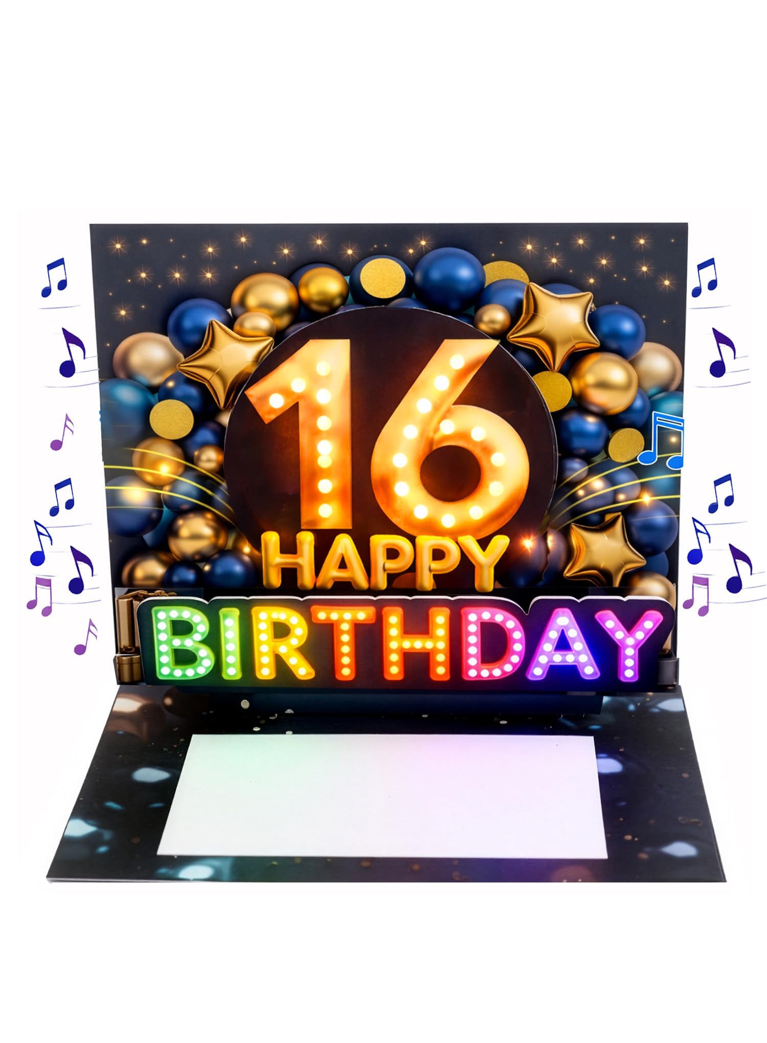 Joli Coon Geburtstagskarte 16 mit Musik und Licht - 3D Pop up Geburtstagskarte 16. Geburtstag Junge mit Leuchteffekt, Kuvert und Siegelsticker - 20 × 15 cm