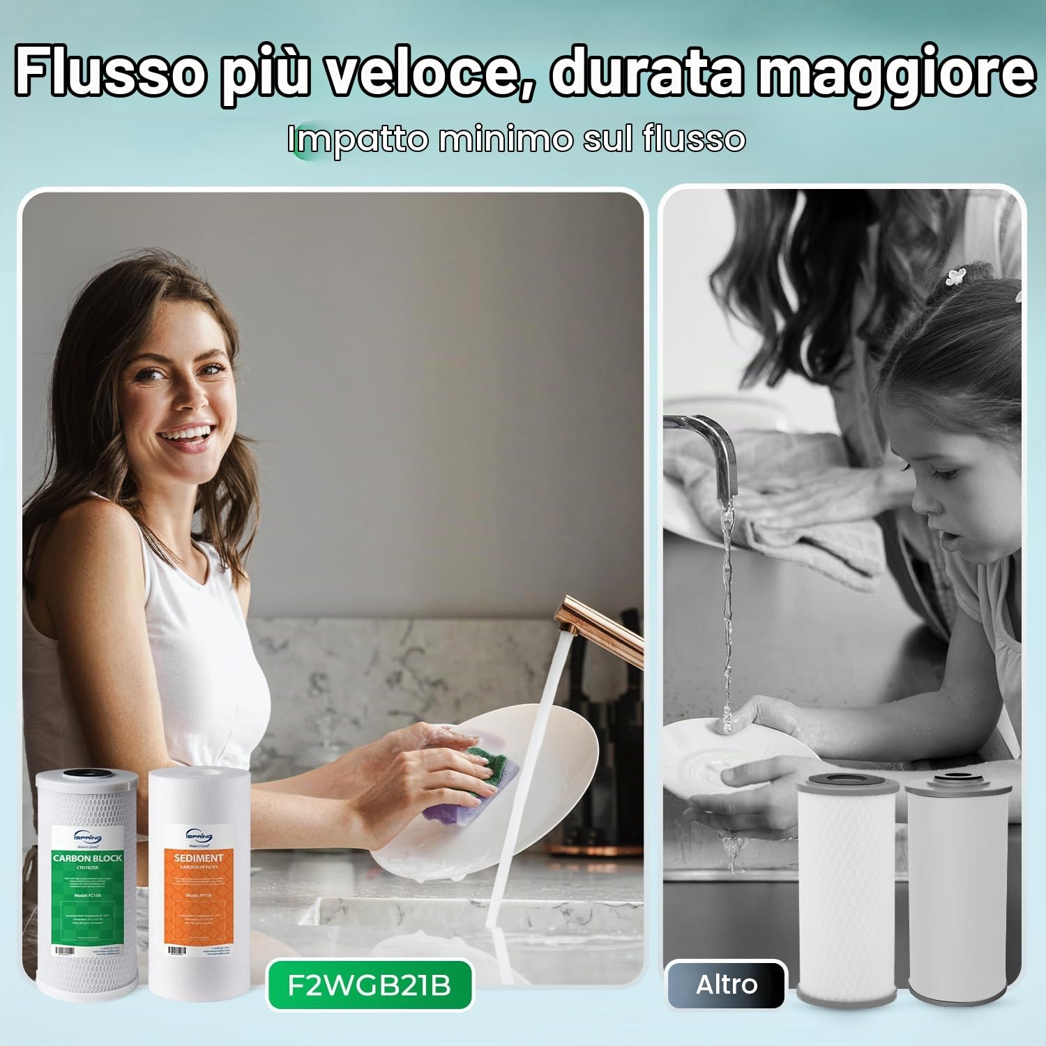 iSpring F2WGB21B 4,5 x 10 Pollici Filtro dell'acqua per Tutta la Casa ad Alta Capacità CTO Carbon Block e Set di Cartucce di Sostituzione del Filtro dell'acqua per Sedimenti per WGB21B