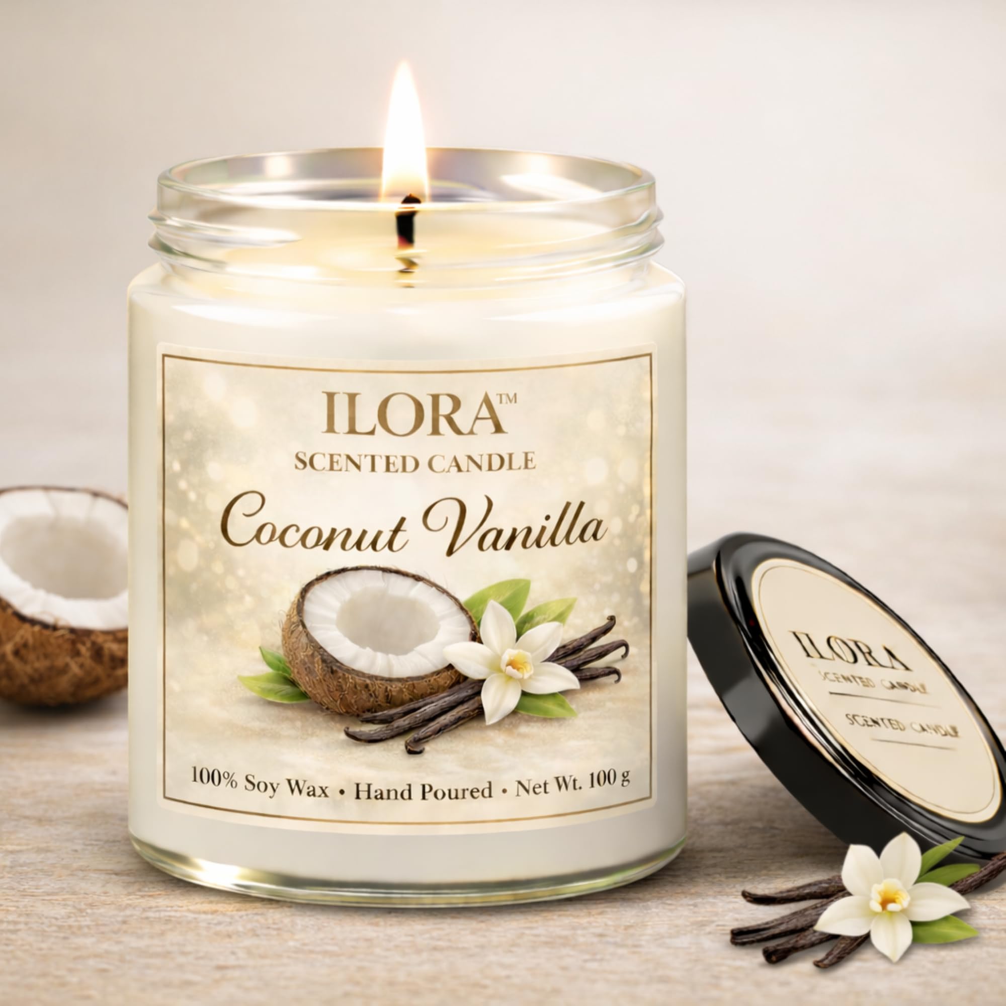 ILORA Coconut Vanilla Scented Jar Candle for Home Decor & Gifting | Soy Wax Aromatherapy | Long Burning Smokeless Cotton Wick | Bedroom, Spa, Meditation | Luxury Fragrance (100g)-image-31