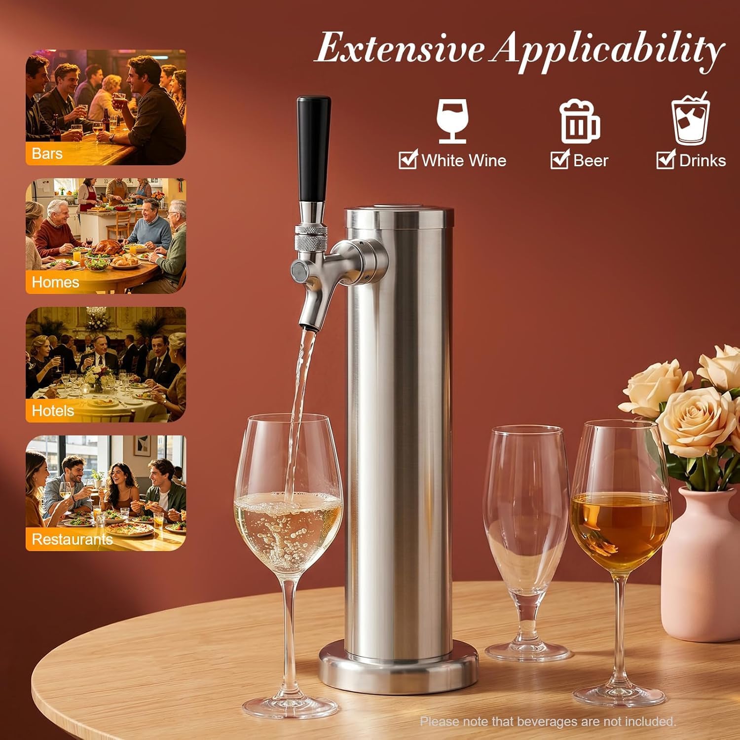 Torre Cerveza Inox, Dispensador de Presión Grifo Único Con Apagado Automático, Bar Casa Restaurante, Vino Blanco Jugo Café Té, Acero Cromado Plata Cilíndrica, 32X7,6 Cm