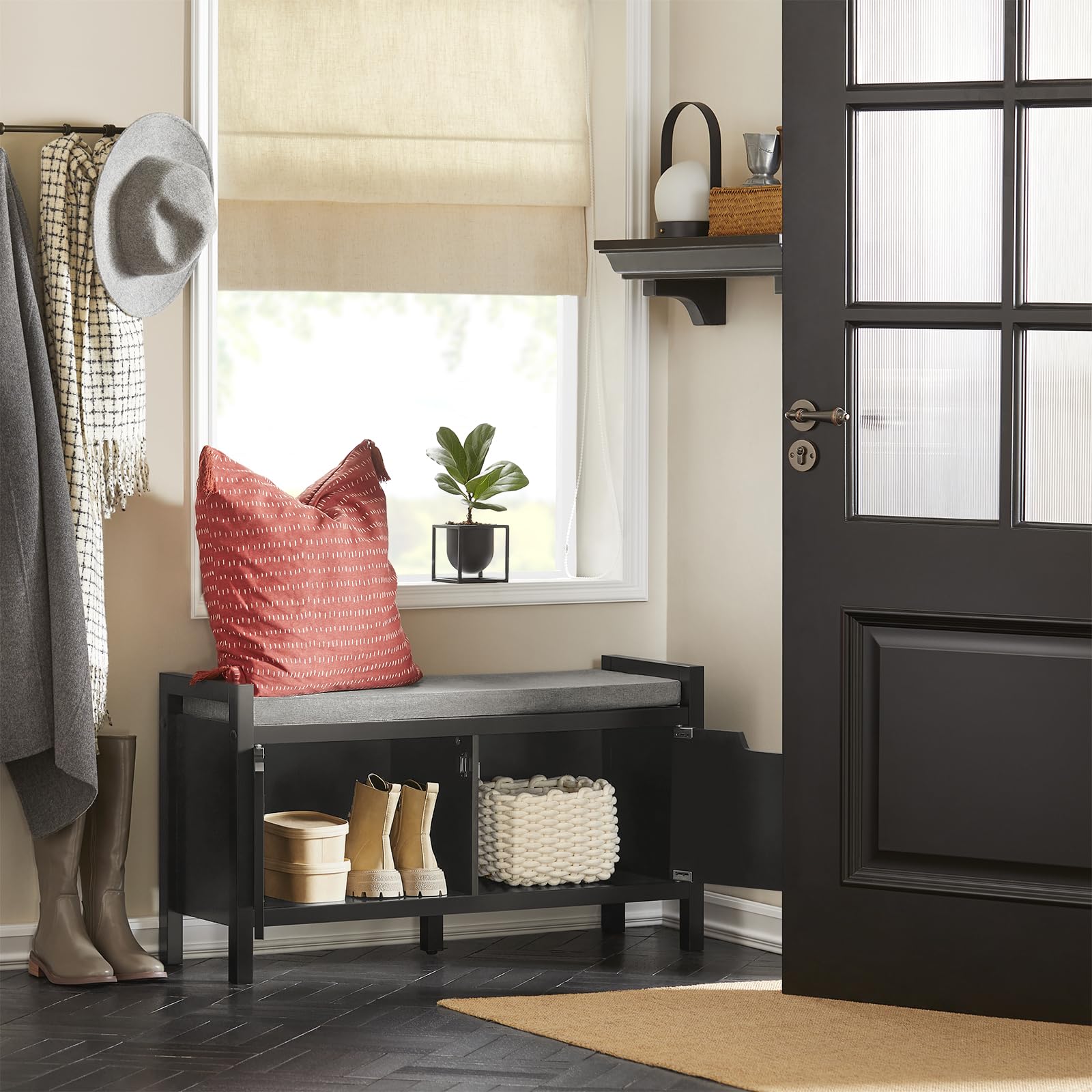 SoBuy Banco Zapatero con Asiento y Almacenaje - Zapatero Entrada Recibidor con 2 Puertas Blanco para Recibidores de Entrada, Dormitorio o Pasillo - Capacidad 150kg 91x30x50cm Negro FSR63-II-SCH