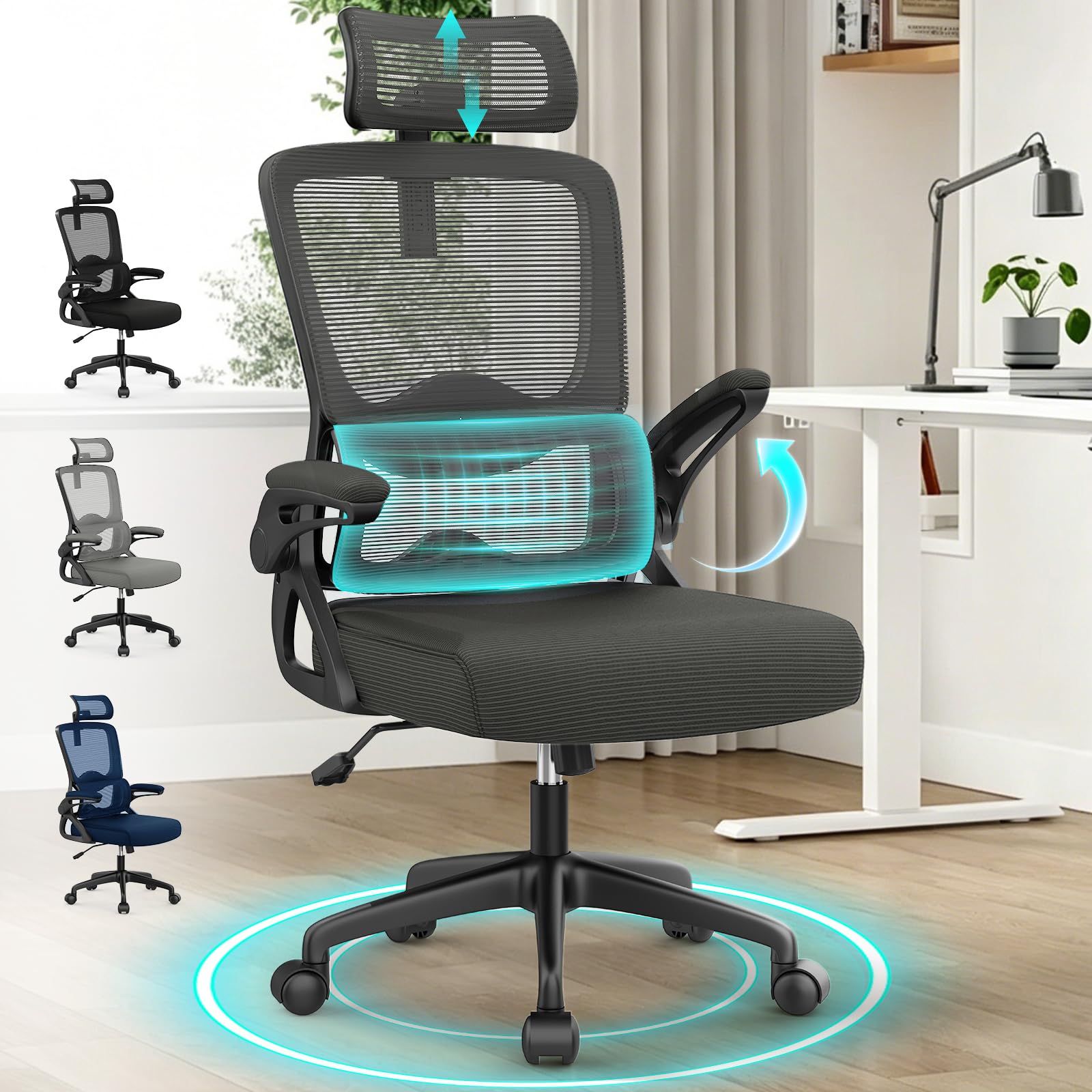 YONISEE Office Chair, Ergonomic Desk Chair -Dual Backrest Design with 2D Lumbar Support & Adjustable Headrest. Swivel Computer Chair with Flip-up Padded Armrest, Thickened Seat for Home/Work/Gaming