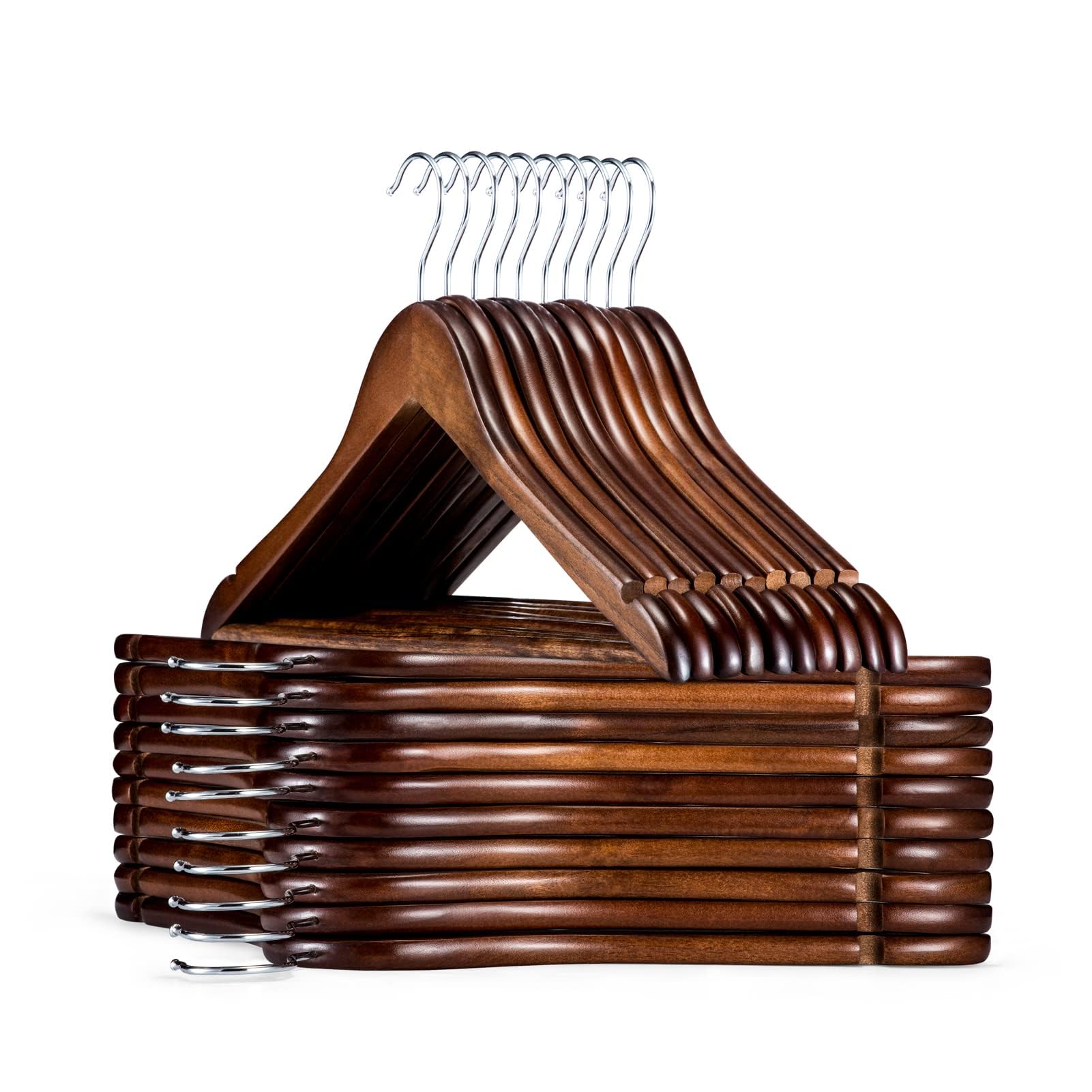 HOUSE DAY Paquete de 30 perchas de madera maciza, resistentes, acabado suave, perchas de madera a granel, perchas de madera de alta calidad con barra antideslizante para pantalones, gancho giratorio