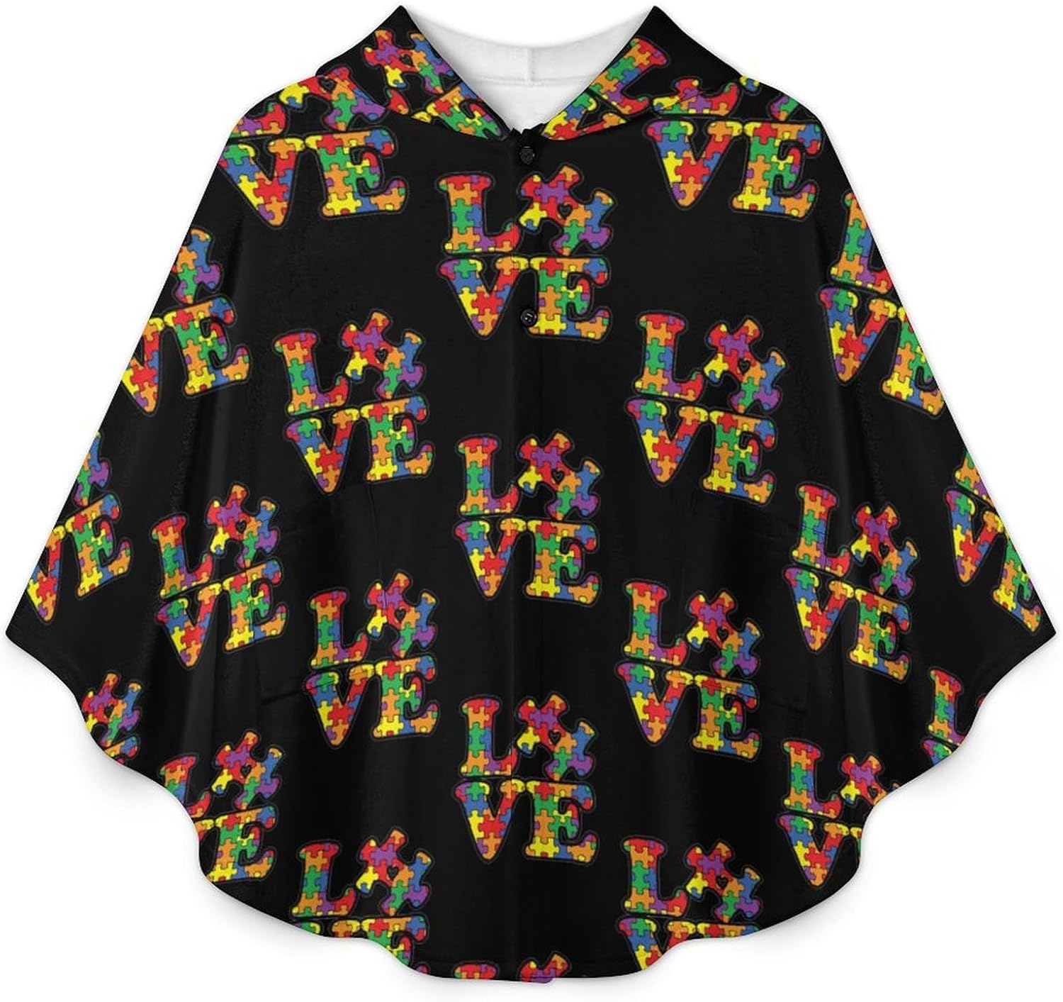 Love Autism Awareness Puzzle Wearable Blanket with Hooded Flannel Blankets Cape with Pocket