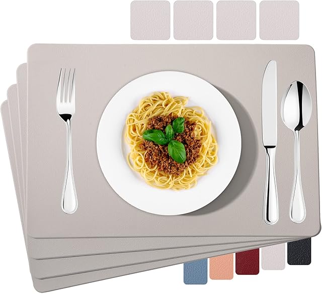 Miorkly Placemats PU Leather Place Mats and Coasters Grey Sets of 4 Christmas Placemats Washable Waterproof Table Mats 45x30cm, Suitable for Kitchen Indoor Outdoor Dining Table Restaurant