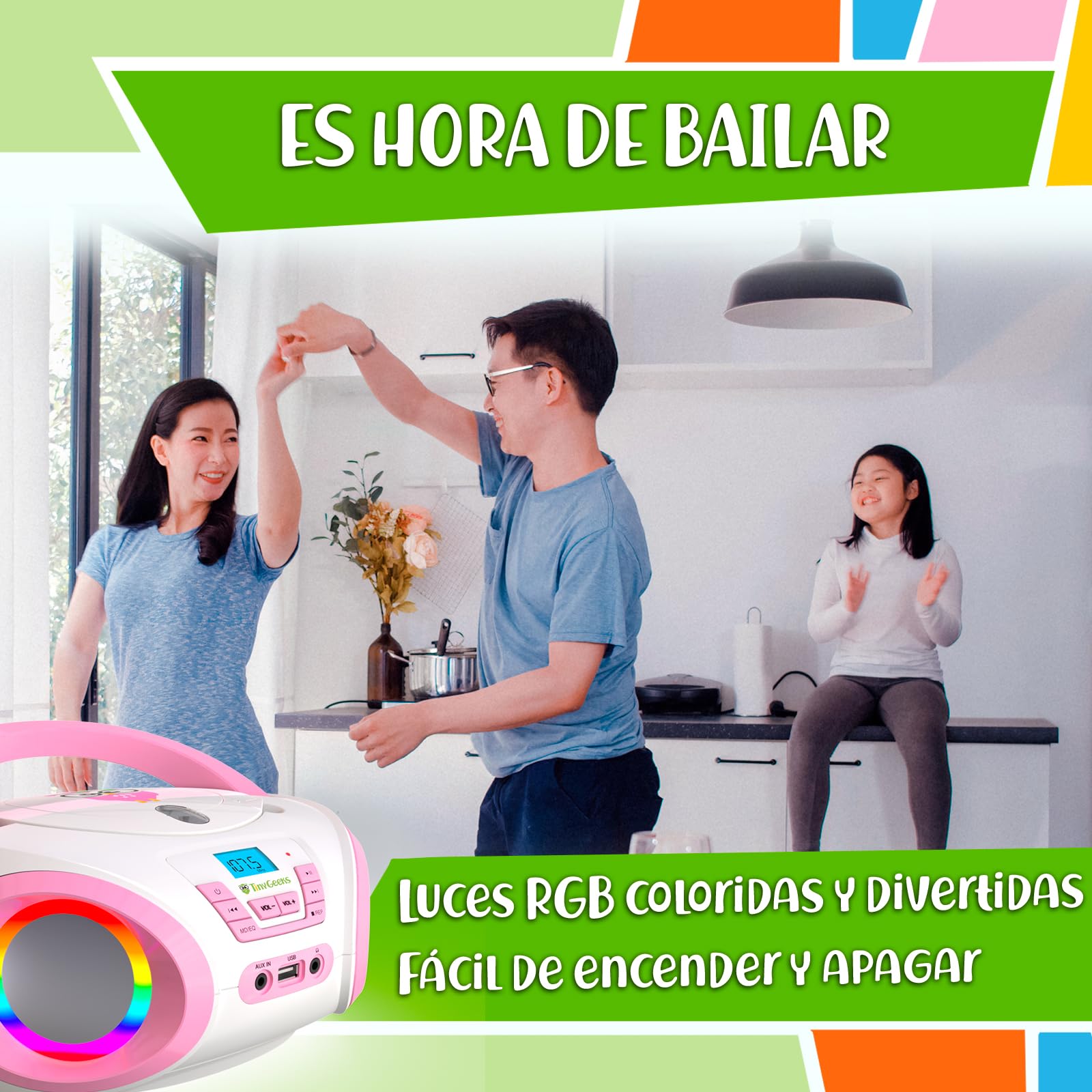 Tinygeeks Tunes Reproductor de CD para niños - Nuevo - Radio FM y baterías Incluidas - Radio CD con Altavoces, USB, AUX - El Regalo Ideal para niños y niñas - Rosa