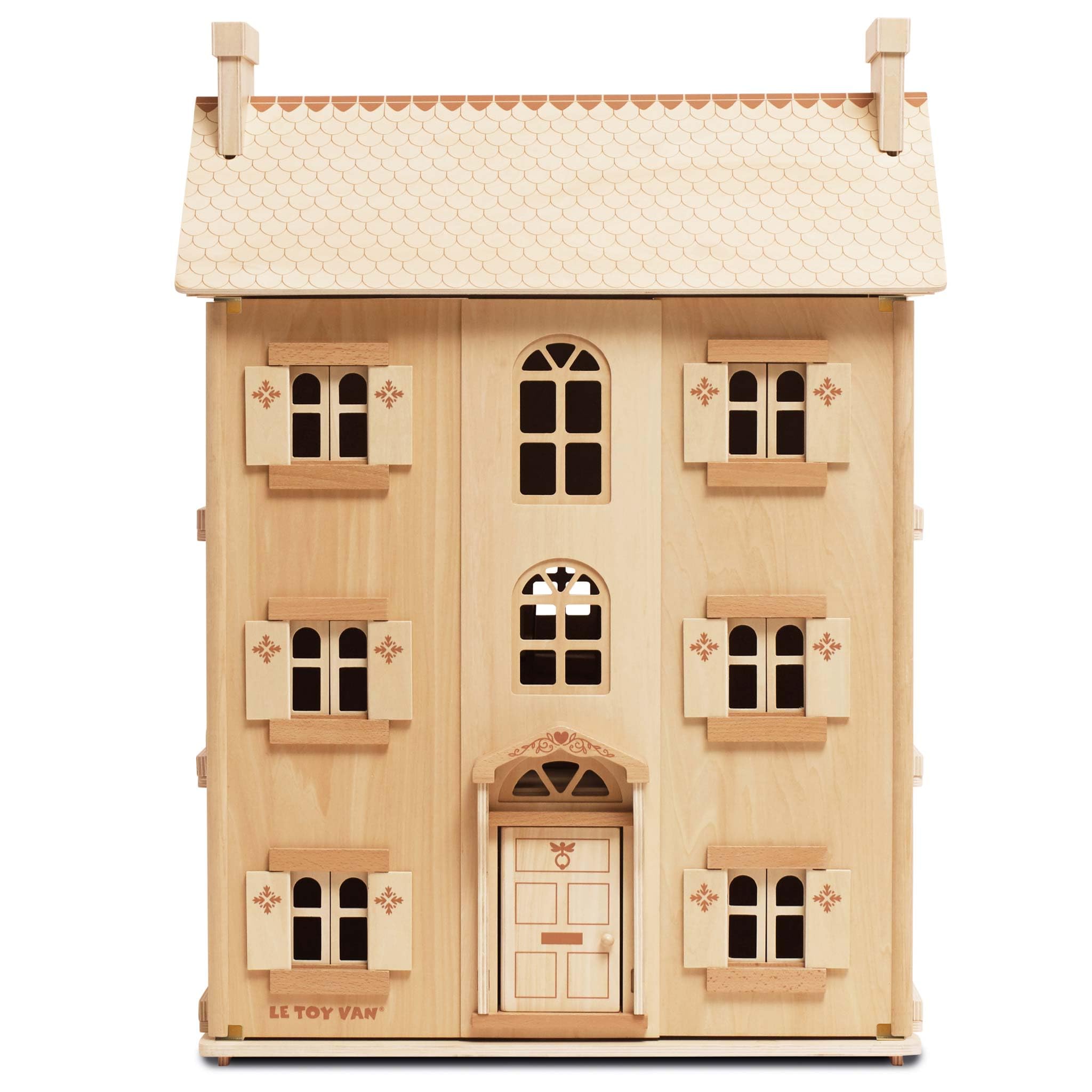 Casa delle Bambole in Legno Naturale FSC - 4 Piani con Finestre e Porte Apribili - Gioco di Ruolo e Fantasia per Bambini