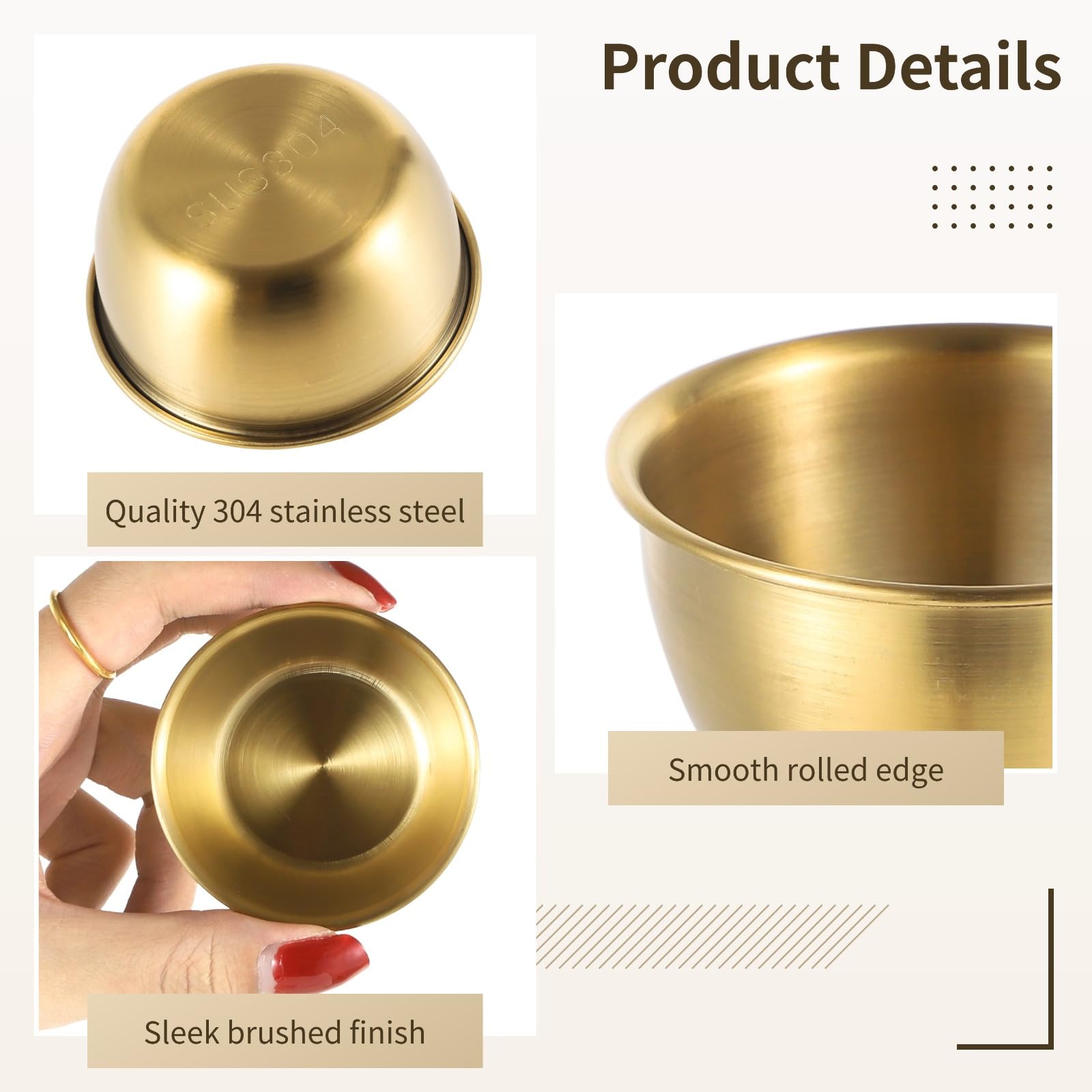 Juego de 12 cuencos de acero inoxidable con borde dorado, elegantes tazas para servir aperitivos