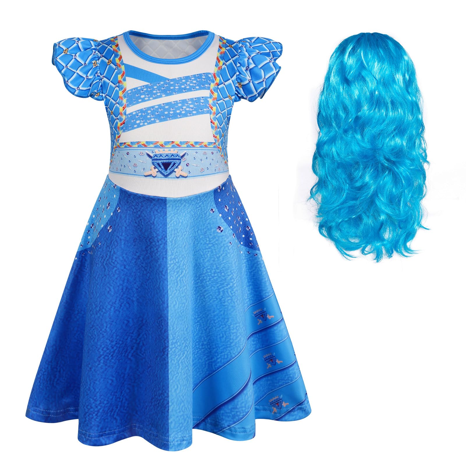 Berich Blue Costume Princess Dress Girls Dressing up with Wig Kids Halloween Role Play Outfits World Book Day Costumes for Girls 9-10 Years,150