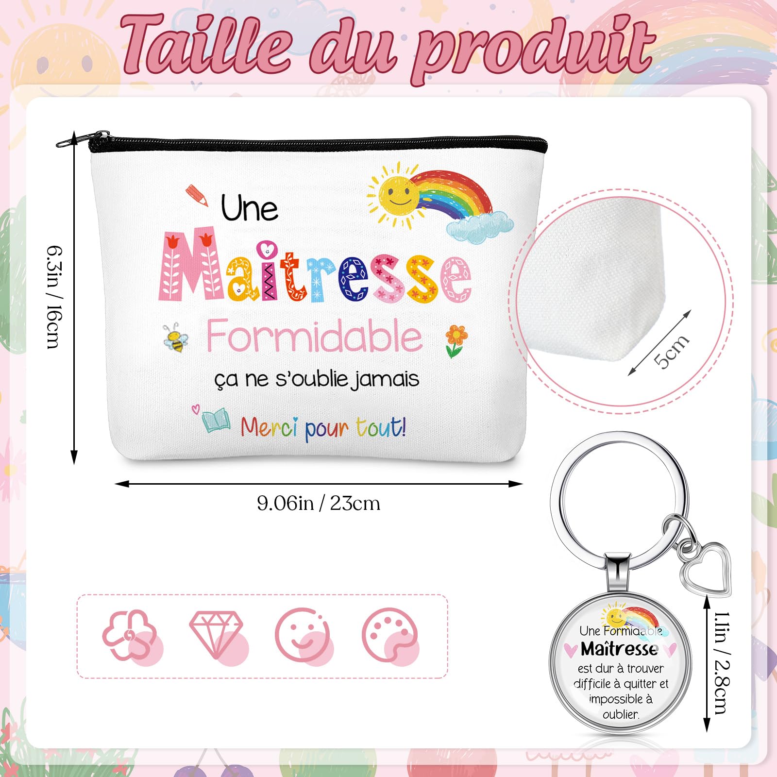 Xuniea Trousse à Maquillage Porte-Clés Gravé pour Professeur Cadeau Maitresse d'École