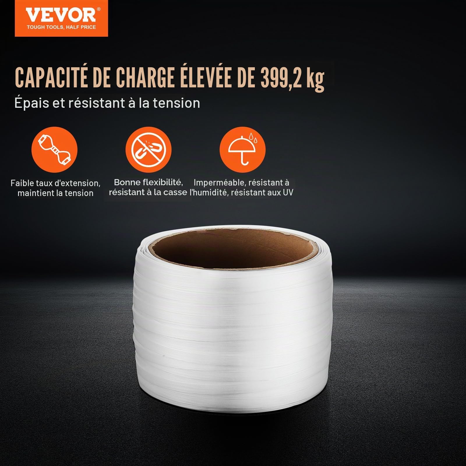 VEVOR Rouleau de cerclage en sangle tissée pour emballage, 200 m x 12,7 mm x 0,8 mm, bobine de cerclage robuste pour palettes, haute résistance 400 kg, feuillard de cerclage tressé portable, blanc