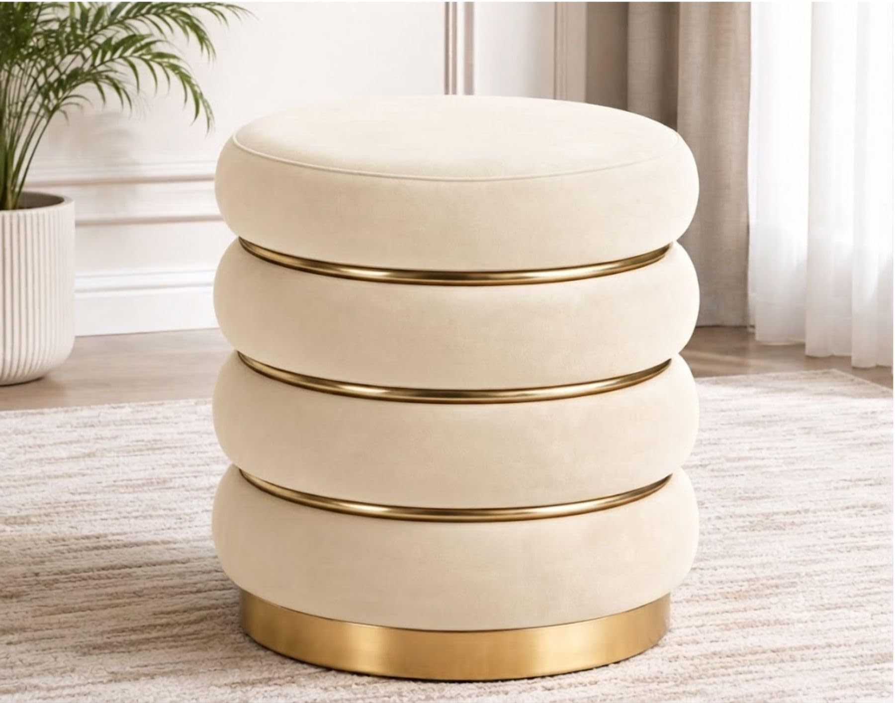 Round Velvet Ottoman Stool | Upholstered Foot Rest & Vanity Seat | Modern Accent Pouffe for Living Room, Bedroom & Entryway | Premium Metal Base | Multipurpose Seating Stool (Creme)-image-25
