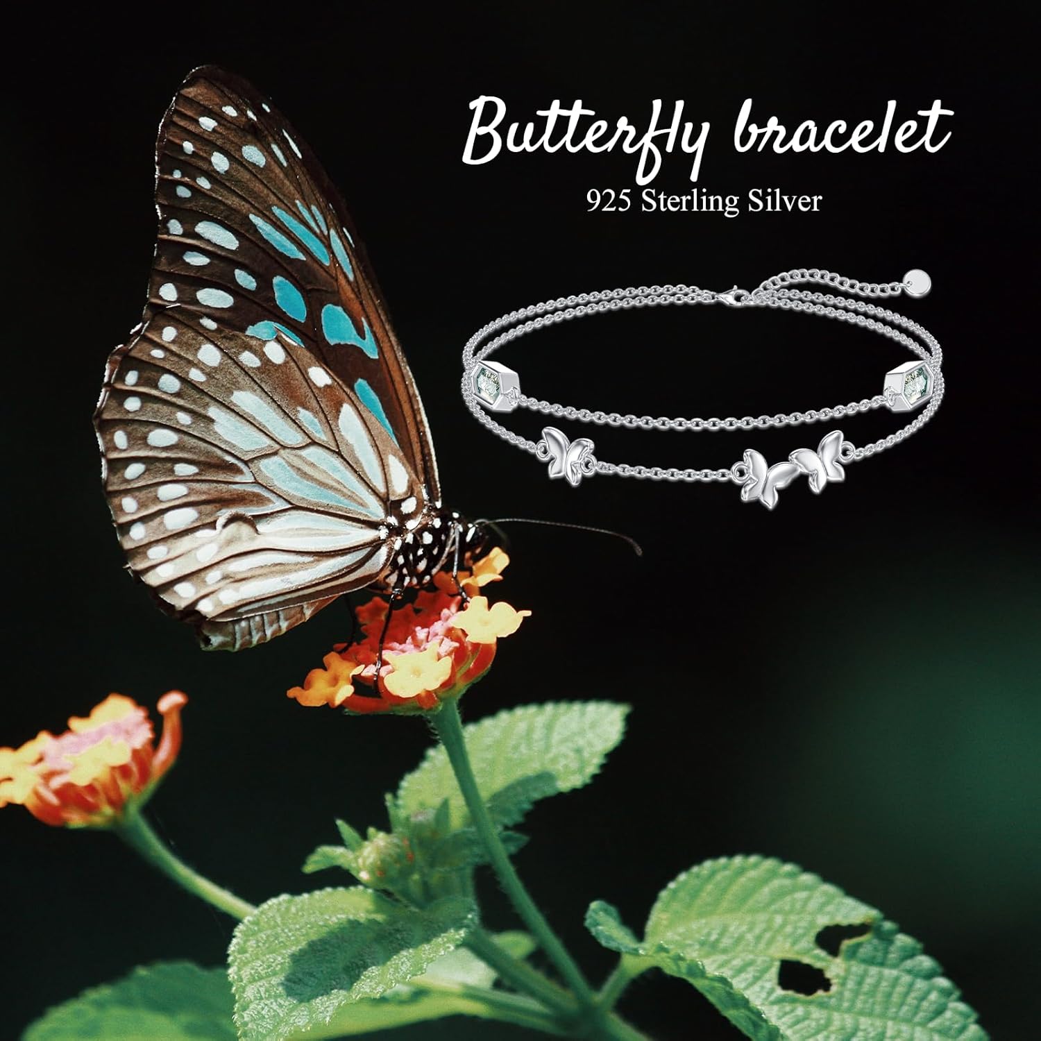 WSX Moss Agate Butterfly Adjustable Bracelet for Women Sterling Silver Butterfly Jewelry Gifts for Christmas Birthday Mother Day for Mom