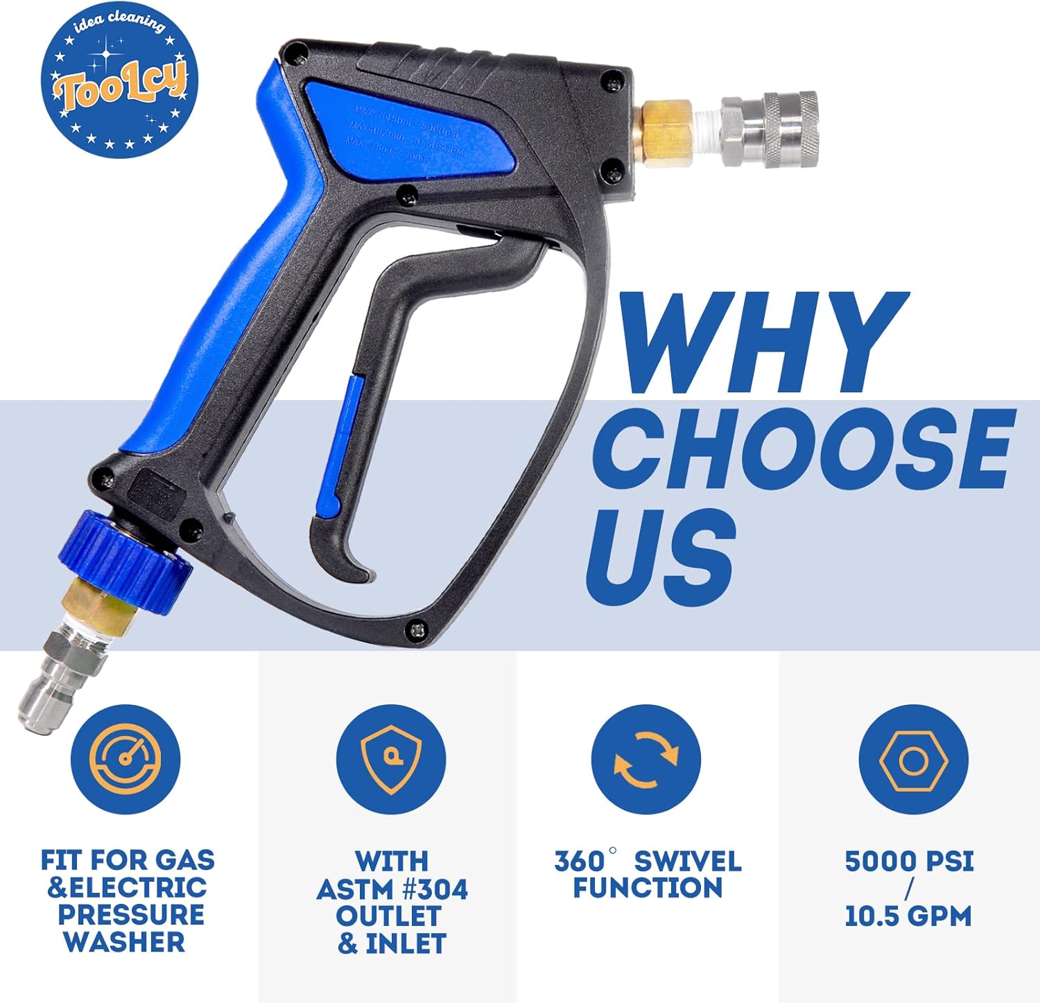 TOOLCY Short Pressure Washer Gun with Swivel, 3/8" QC Inlet and Stainless 1/4" Quick Connector, 5000 PSI, 10.5 GPM, Stubby High Pressure Gun, Solid Brass M22 14mm & 15mm Fitting and 5 Nozzle Tips