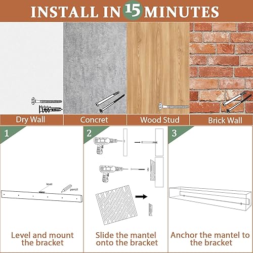 Miniatura 8 de Weyderk Repisa de chimenea, 72 pulgadas, mantel hecho a mano para sobre chimenea, mantel de madera con soporte de metal invisible resistente,