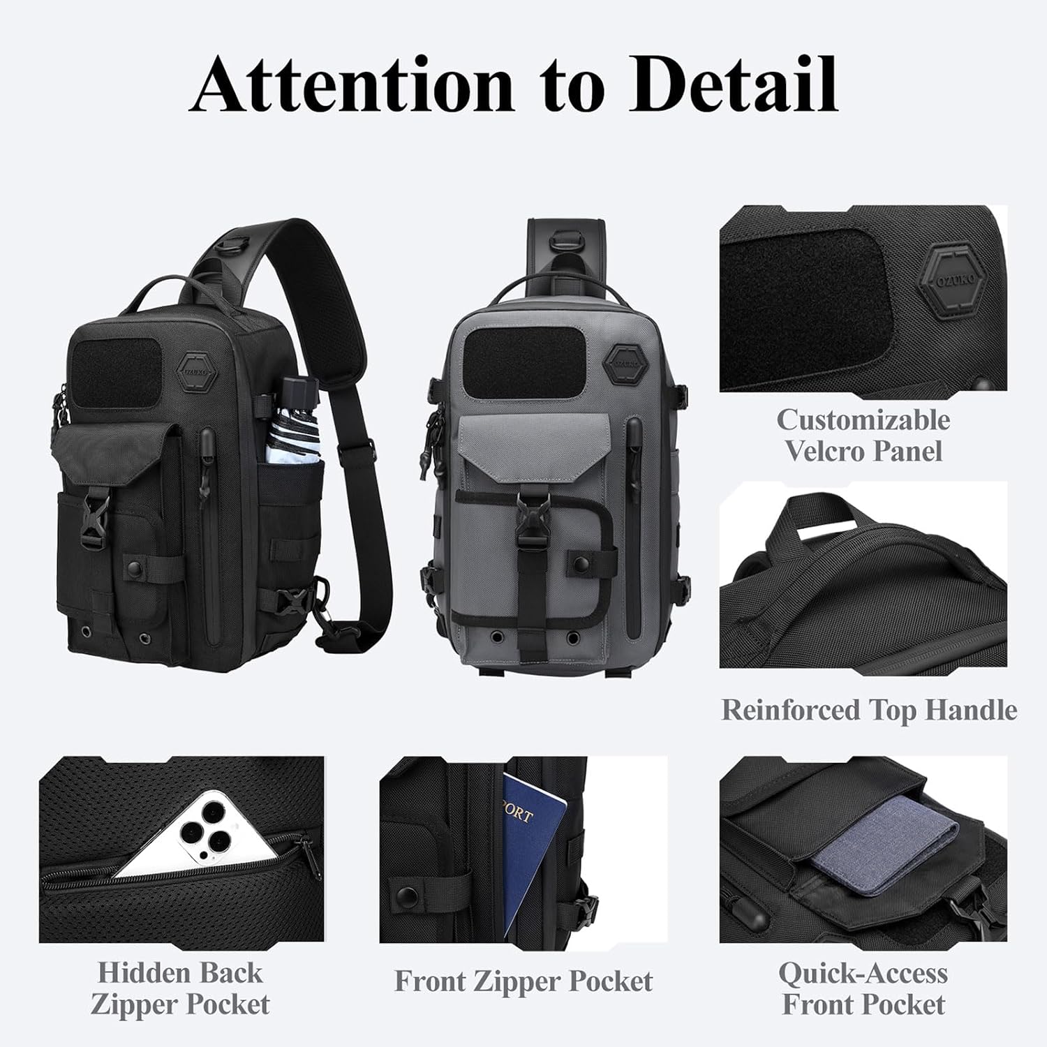 OZUKO Sling Bag for Men, Tactical Crossbody Chest Shoulder Backpack Daypack, Water-Resistant Travel Hiking EDC Casual Bag