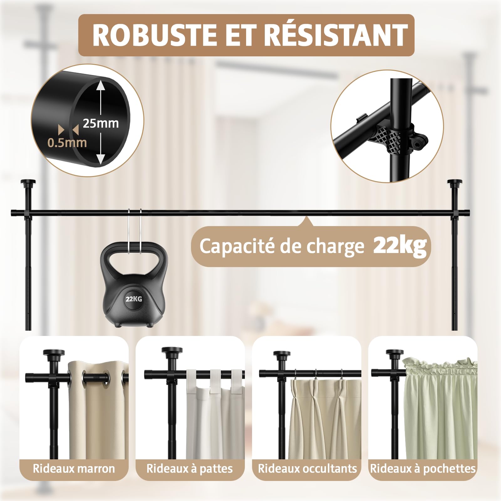 Tringle Rideau Sans Percage ，155-350 cm (H) × 110-297 cm (L) ，Noir Cloison Amovible Sans Percage，Tringle à Rideaux Flexible Et RéGlable ，Pour Chambre à Coucher ，Bureau SéParateur De PièCes