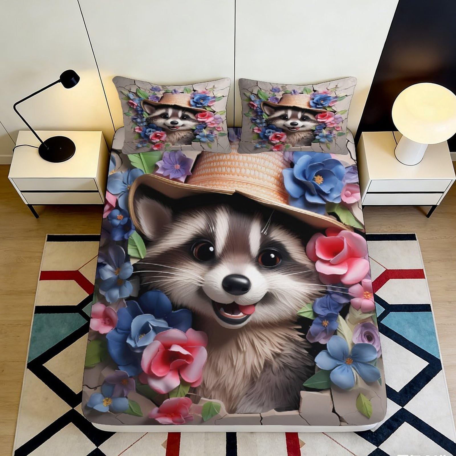 3D Printed Cute Raccoon Fitted Sheet Microfiber Floral Bed Cover for Bedroom Dorm Mattress Protection Decor 90x200x25cm