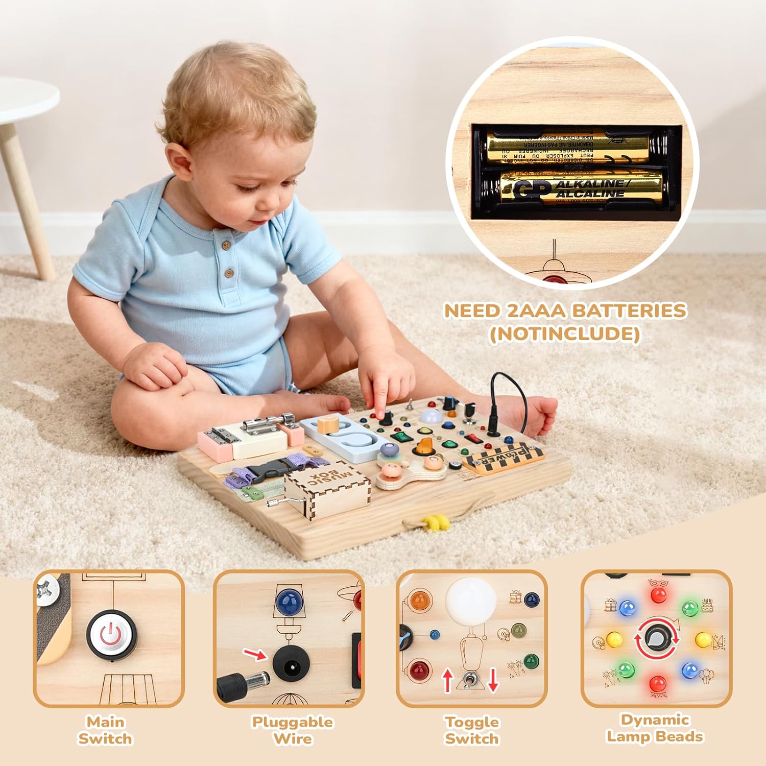 Sanlebi Wooden Busy Board Montessori Toys for Toddlers with Buttom Switch, Music Box & Locks, Sensory Activity Board Learning Toy Gifts
