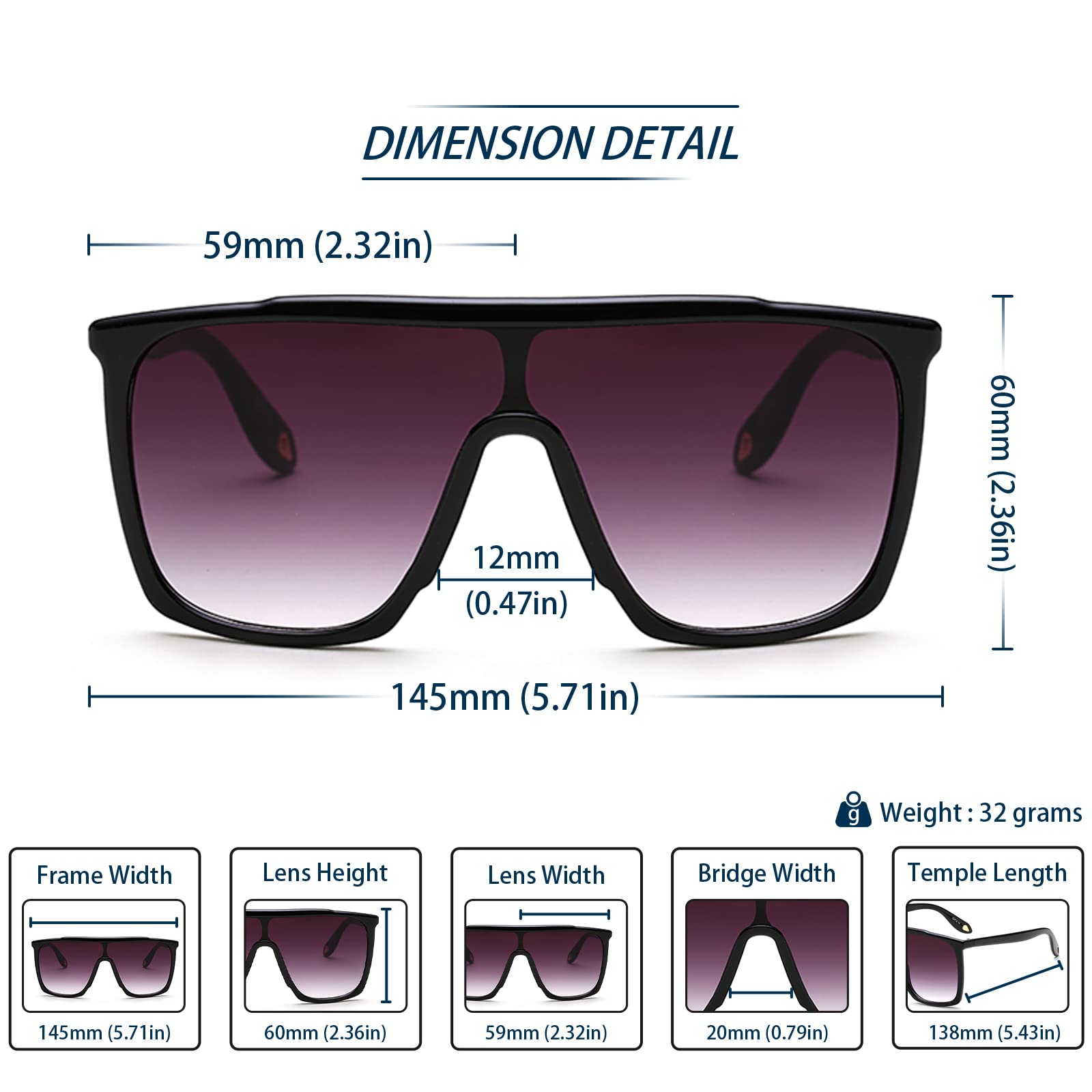 Freckles Mark Vintage Retro Oversized 70s Sunglasses for Men Women Shield Disco Glasses (Black, 59)