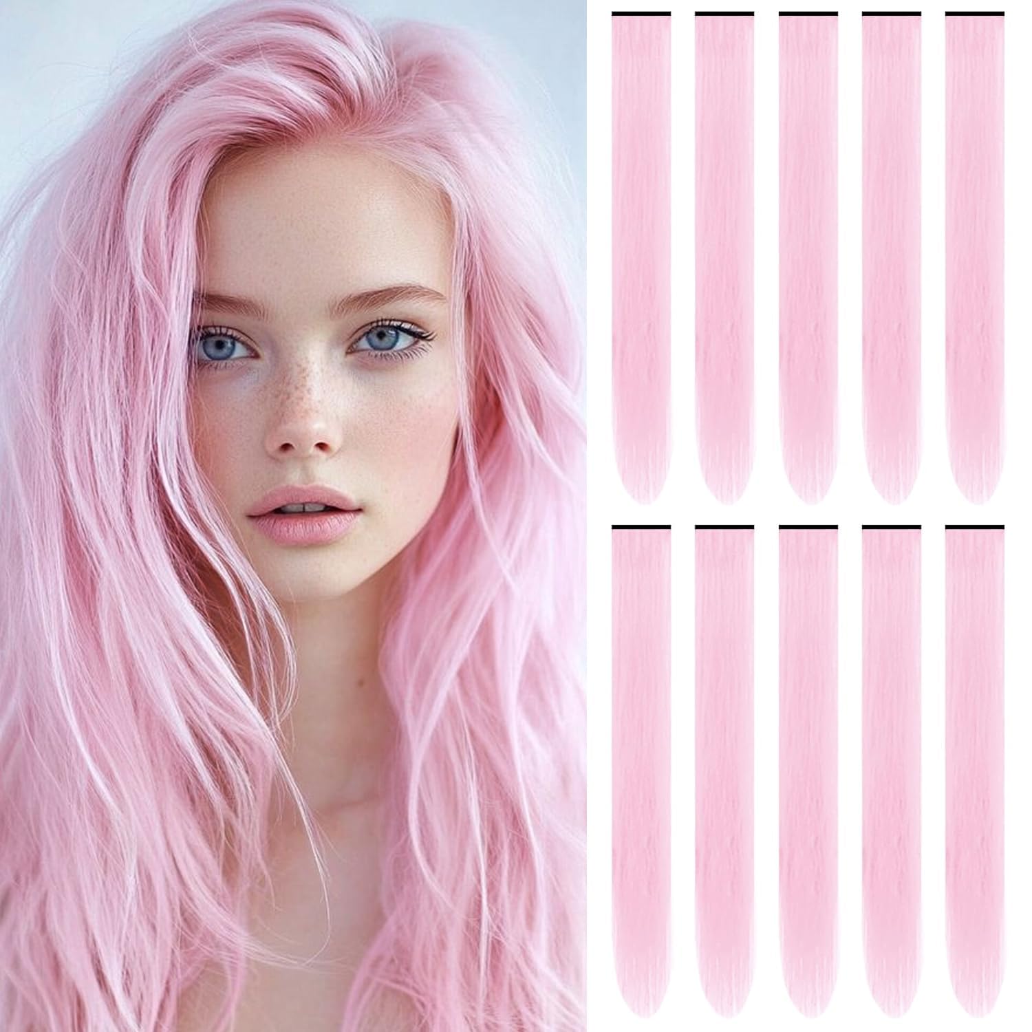 22 Inch Colored Hair Extensions, Pink Color Long Straight Highlights Party Clip in Synthetic Colorful Hair Extensions for Girls Women Kids Favor Birthday Gift(10 PCS Light Pink)