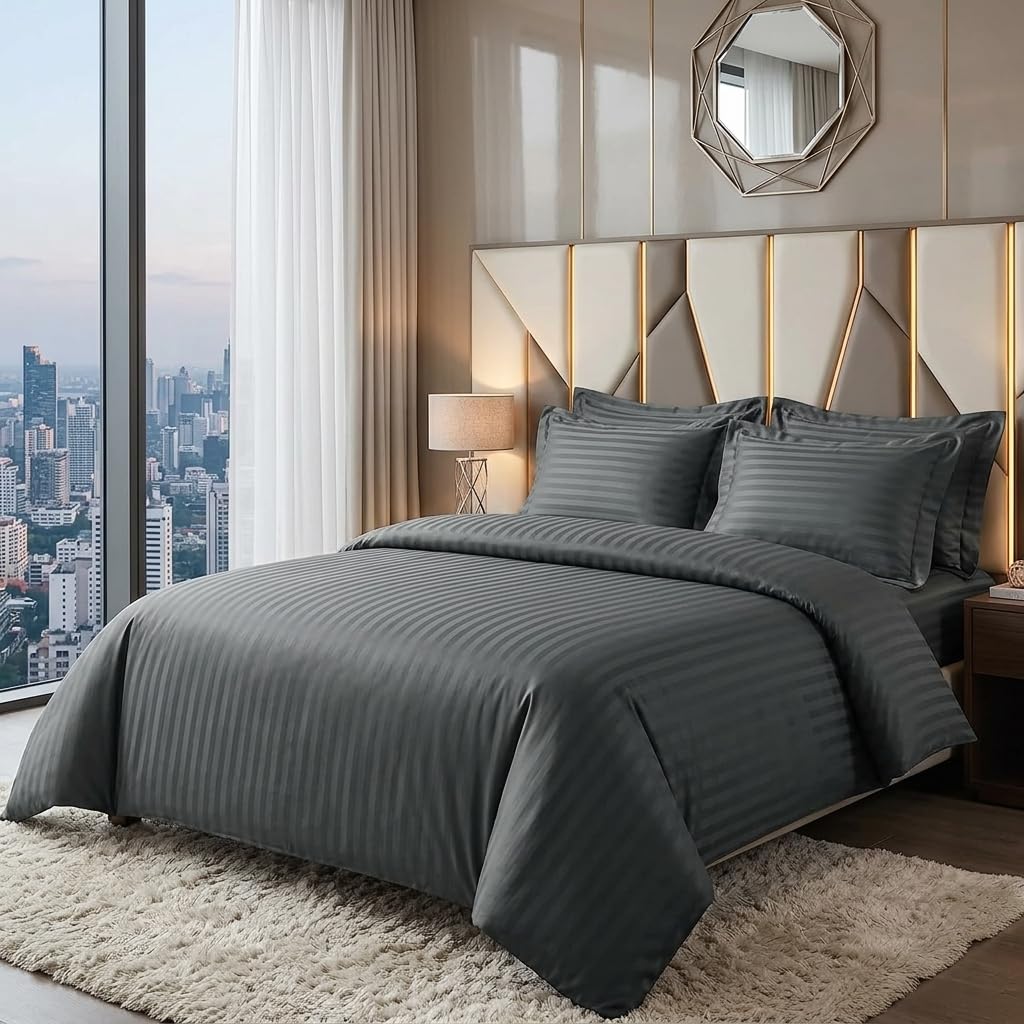 M&J Home 3 Piece Super King Duvet Cover Set, Charcoal Stripe, 100% Polyester Microfibre, OEKO-TEX Certified, Easy-Care, Includes Duvet Cover & 2 Pillowcases โ image 1