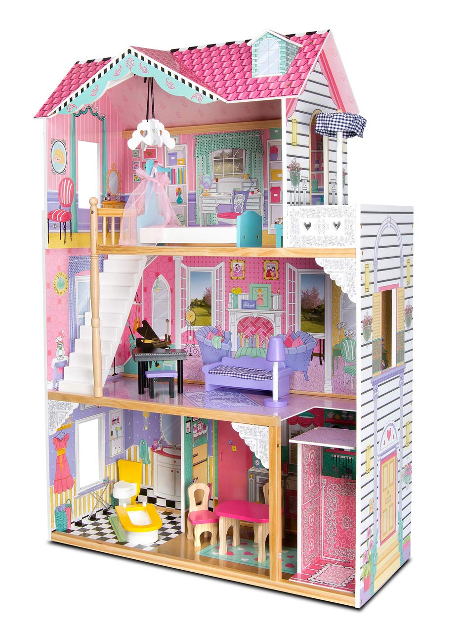 Casa delle Bambole in Legno Grande con Ascensore e Illuminazione, Villa a 3 Piani con Terrazza, Mobili e Accessori Inclusi, per Bambole fino 30 cm, Gioco di Ruolo Educativo, Regalo Bambini 3+