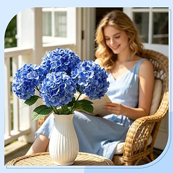 Real Touch Artificial Hydrangeas, 4 Pack, 22 Long Stems,Blue