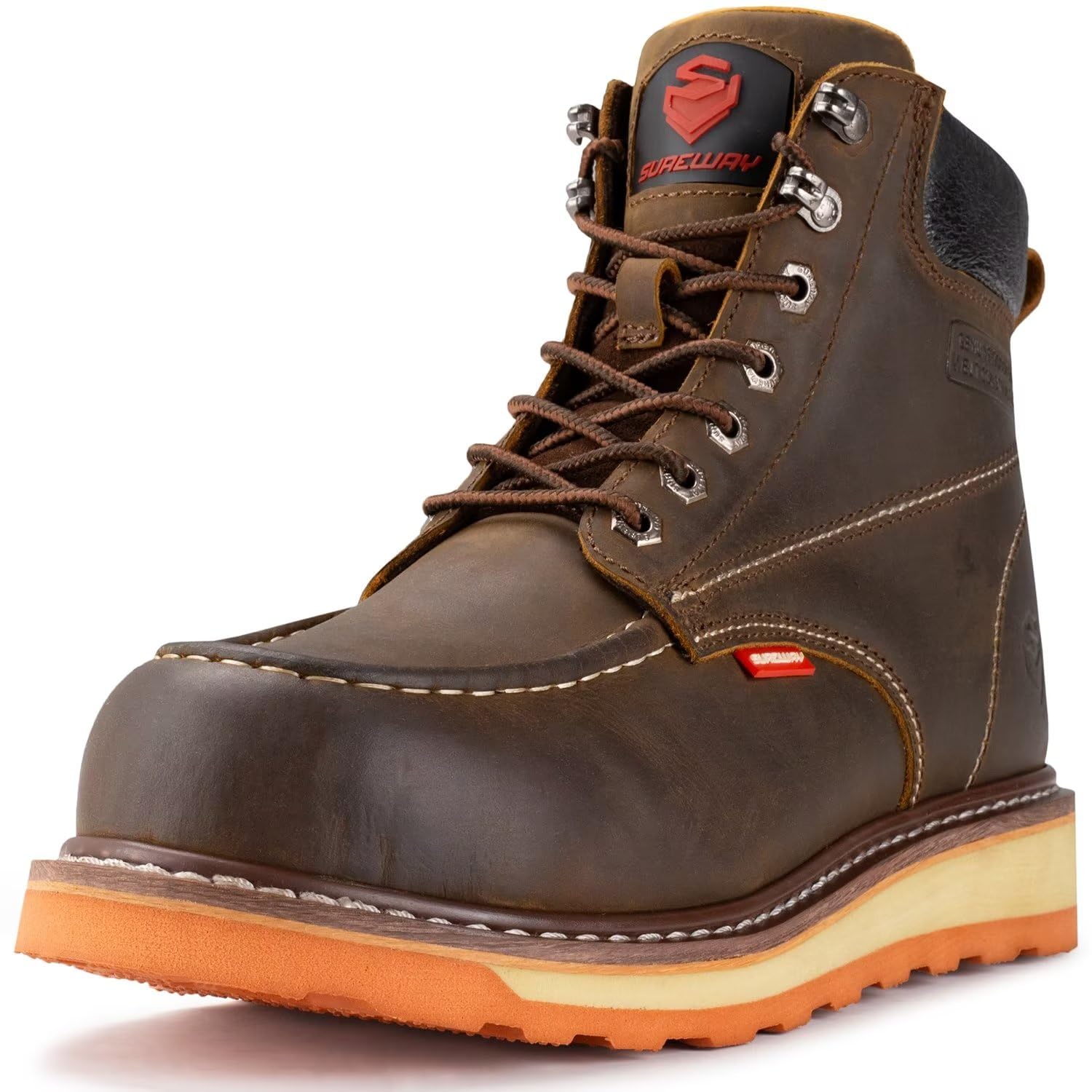 SUREWAY6” Mens Heavy Duty Soft Toe Work Boots for Men,Goodyear Welt,Extremely Comfortable Durable Proved,Superior Oil/Slip Resistant,Thicker Full Grain Leather,Wedge Sole,Moc Toe Work Boots/Shoes for