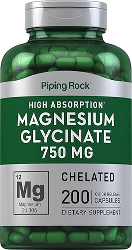 Piping Rock Cápsulas de glicinato de magnesio  750 mg  200 píldoras  Suplemento quelado  Alta absorción  Sin OMG y sin gluten