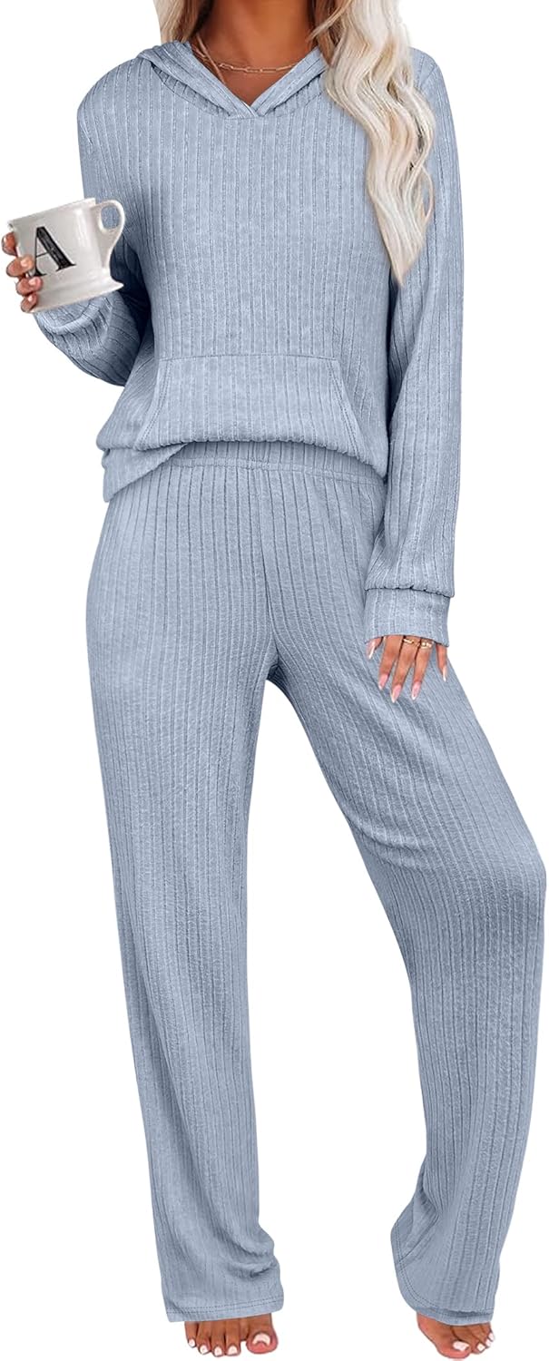 ANRABESS Women's 2 Piece Lounge Pajama Sets Ribbed Knit Long Sleeve Hoodies Tops Matching Pants Casual Fall Sleepwear Outfits
