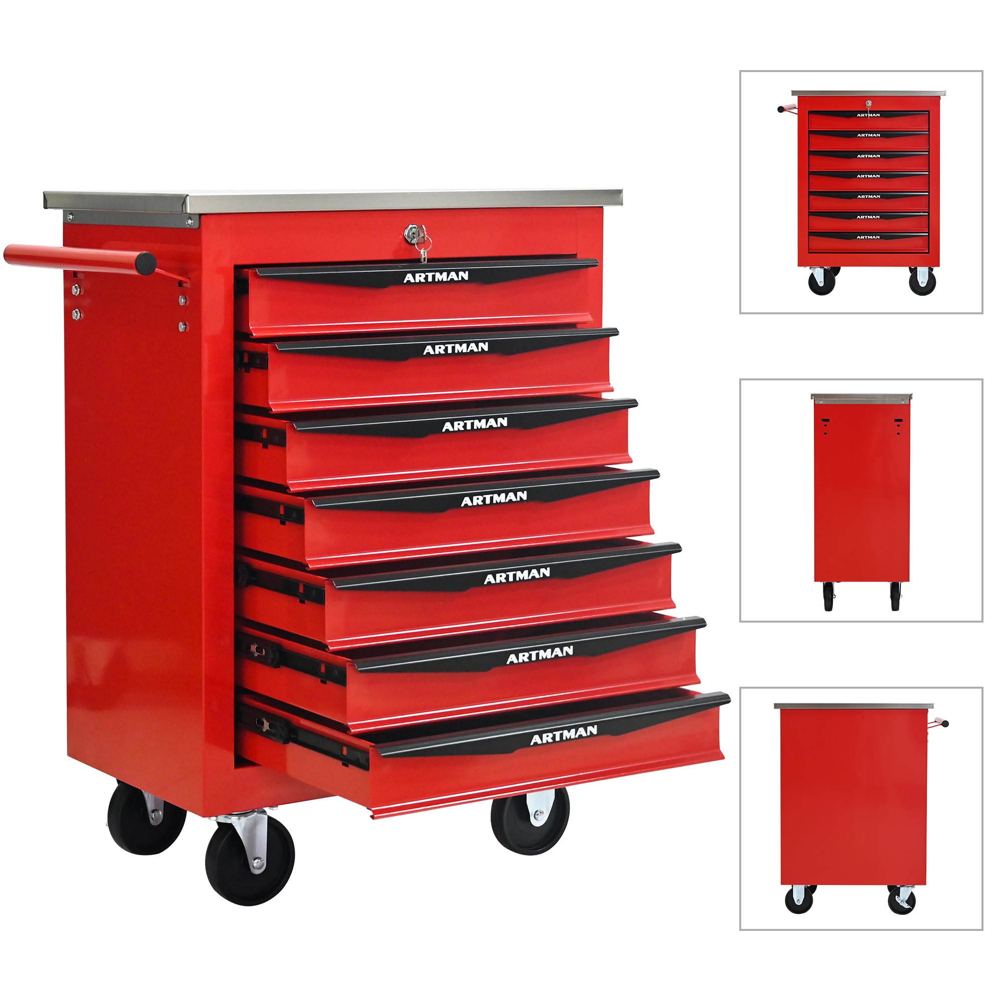 Generisch Carrello portautensili a 7 cassetti in metallo con scivolo a sfera, 4 ruote e serratura a chiave, ideale per garage e officina (56,6 x 34,5 x 78,0 cm, rosso e nero)