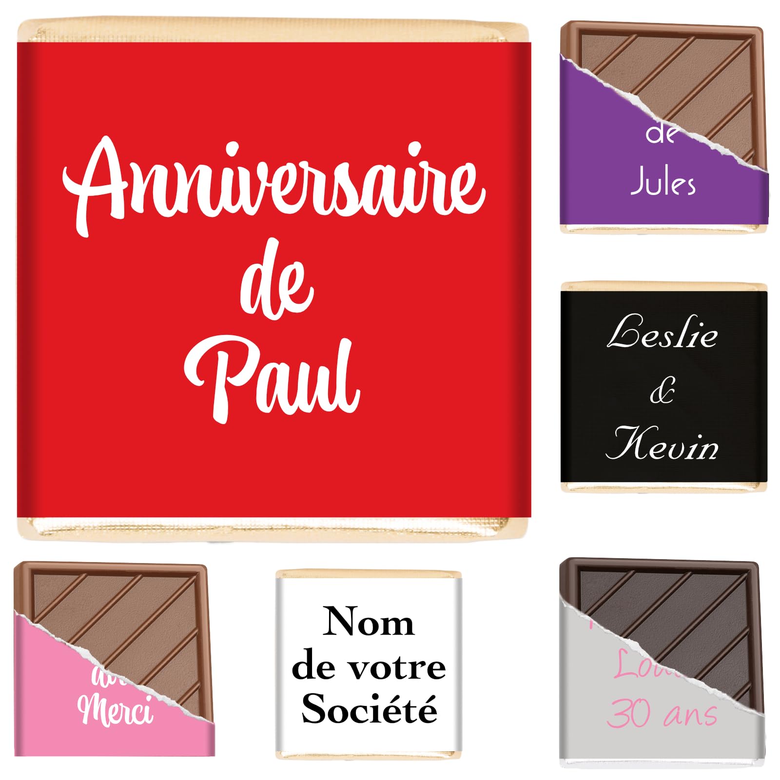 Coffret de 70 Carrés de Chocolat Personnalisés avec Textes et Couleurs | Personnalisez votre Texte et vos Couleurs, 7 Saveurs au Choix, 100% Pur Beurre de Cacao, Fabriqué en France, 350 Gr