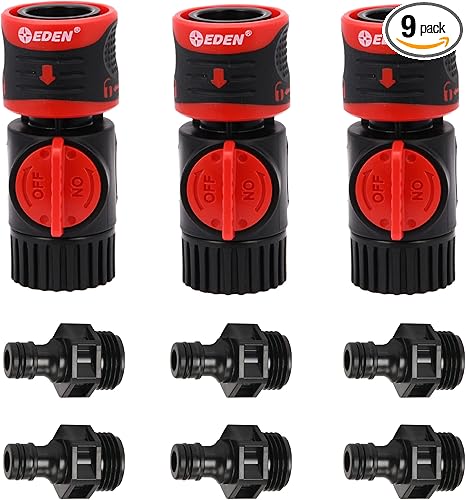 Eden 93218 Premium Garden Connect with Shutoff Valve and Water Stop & Lock Feature Quick Release Kit Hose Fittings and Adapters, (3 Sets/ 9 Pc)