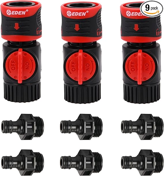 Eden 93218 Premium Garden Connect with Shutoff Valve and Water Stop & Lock Feature Quick Release Kit Hose Fittings and Adapters, (3 Sets/ 9 Pc)