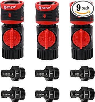 Eden 93218 Premium Garden Connect with Shutoff Valve and Water Stop & Lock Feature Quick Release Kit Hose Fittings and Adapters, (3 Sets/ 9 Pc)