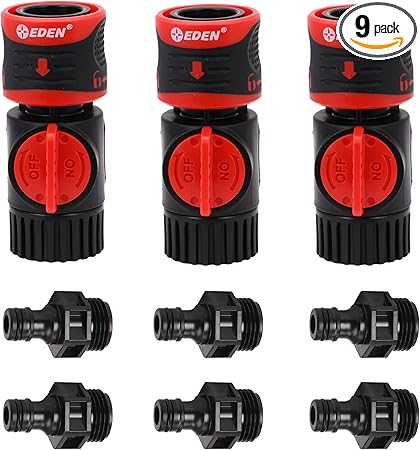 Eden 93218 Premium Garden Connect with Shutoff Valve and Water Stop & Lock Feature Quick Release Kit Hose Fittings and Adapters, (3 Sets/ 9 Pc)