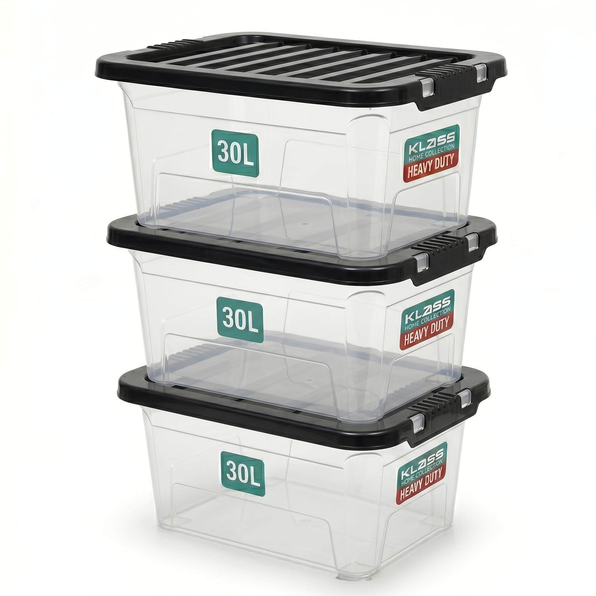 Klass Home Collection Clear Klass 3 X 30 Litre Storage Boxes With Lids Set Of 3, Multipurpose Nestable Stackable Plastic Storage Box With Lid 30L Containers For Home, Kitchen, Garage, Office, Accessories