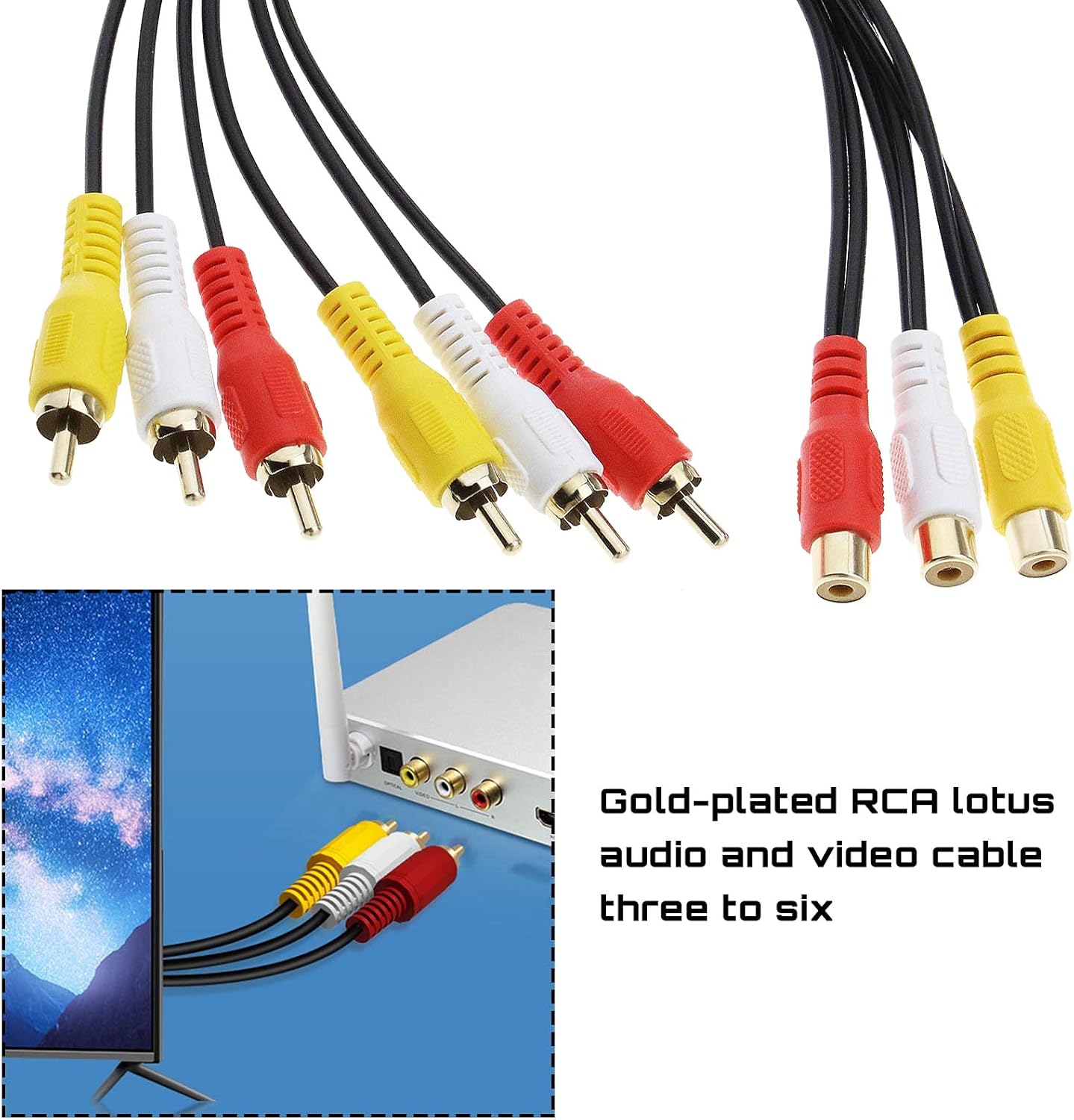 YINETTECH 3 RCA Male Plug to 6 RCA Female Jacks Composite Video Splitter Adapter Output Cables Cord Gold Plated 30cm for AV DVD TV - Image 3
