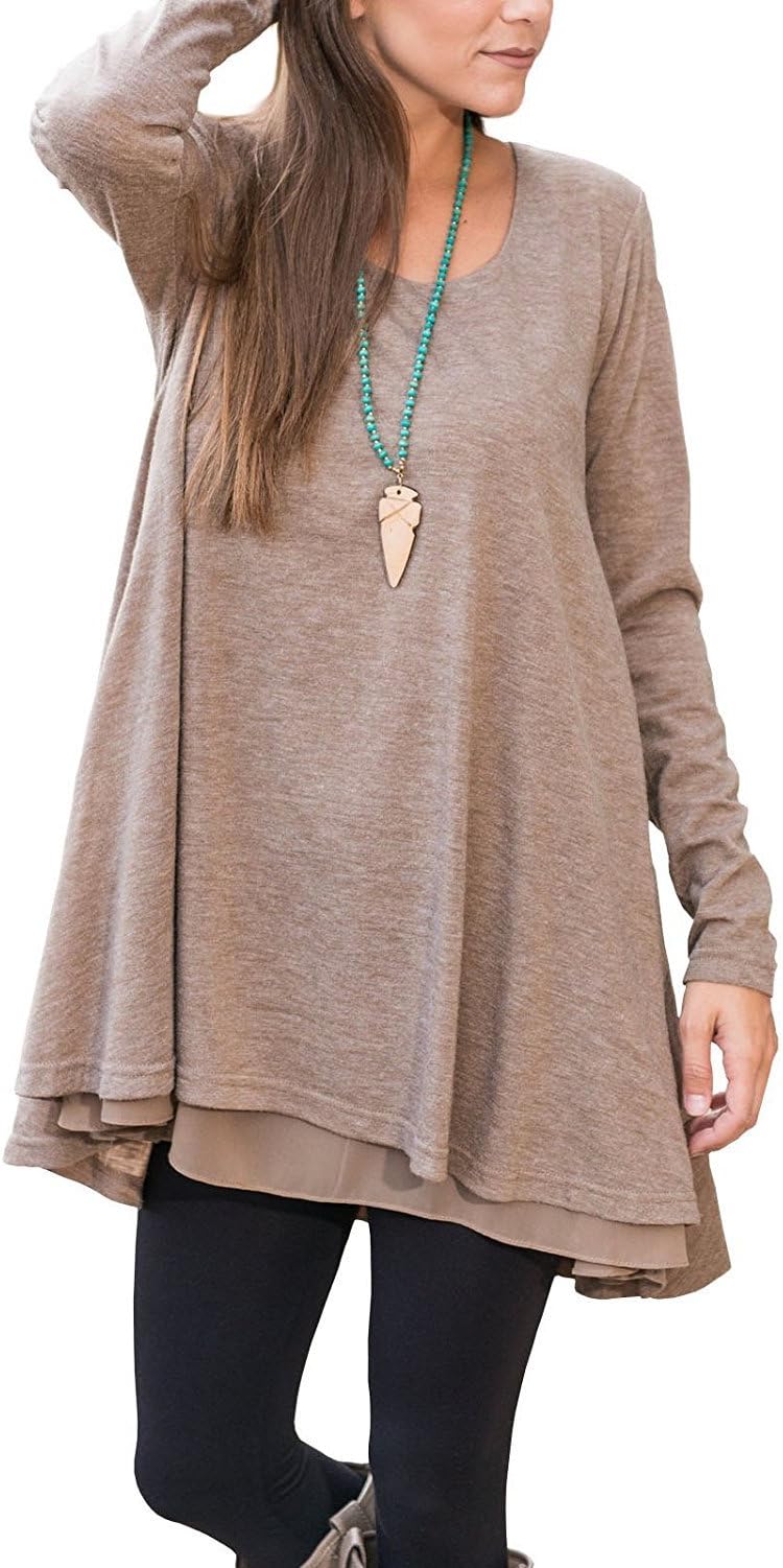 Bigrace Women Tunic Top for Legging Extender Lace Long Sleeve T Shirt Dress (Khaki, 10)
