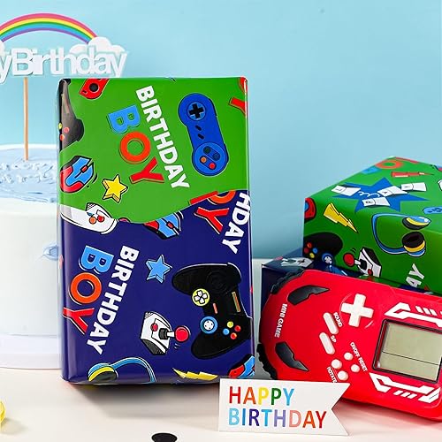 Vista 350 de WRAPAHOLIC Papel de regalo reversible, mini rollo, 17 pulgadas x 33 pies, adorable diseño de gato y azul sólido para cumpleaños, vacaciones