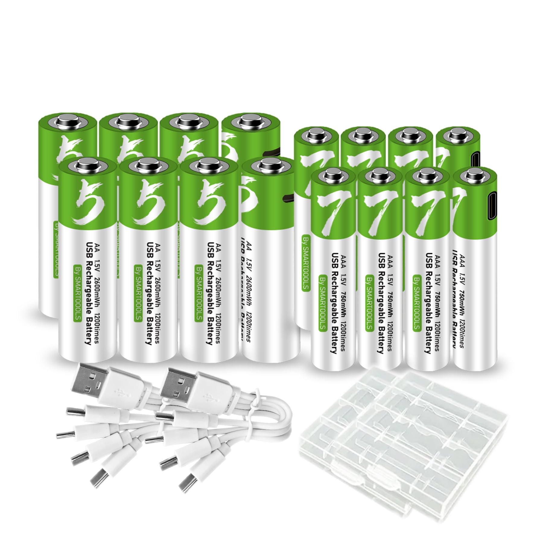 8 batterie AA + 8 batterie AAA AA+AAA, set di batterie ricaricabili agli ioni di litio USB di tipo C, 1,5 V, 1733 mAh, 2600 mWh + 500 mAh, 750 mWh, batteria al litio ricaricabile con cavo di ricarica