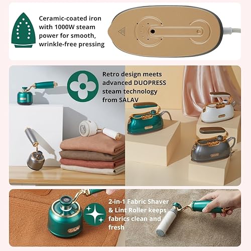 Miniatura 2 de SALAV IS-900A - Vaporizador de ropa de mano retro + plancha, placa de vapor de cerámica, 1000 vatios de vapor, elimina las arrugas en la ropa