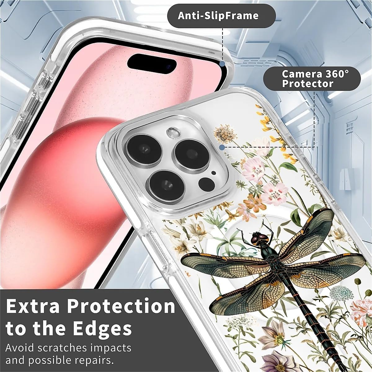 for iPhone 16 Pro Case(Compatible with Magsafe),Dancing Dragonfly Transparent Magnetic Anti-Fall White Decorative Border Protective Case Compatible with iPhone 16 Pro 6.3'' for Women