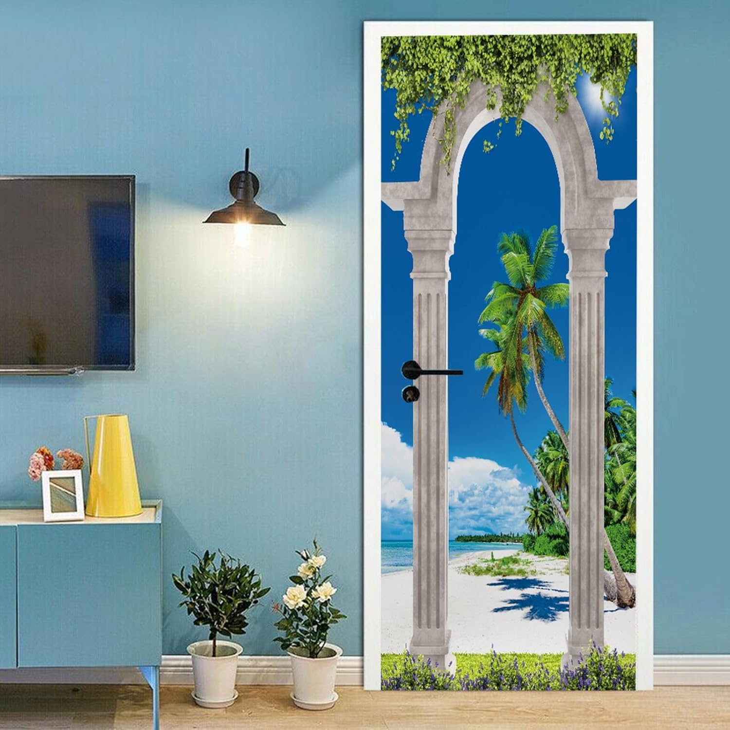 A.Monamour 3D Door Stickers for Interior Doors Coconut Palm Tree Beach View from an Arch Door Vinyl Waterproof Self Adhesive Door Mural Decals for Bedroom Office Bathroom 85 x 215cm